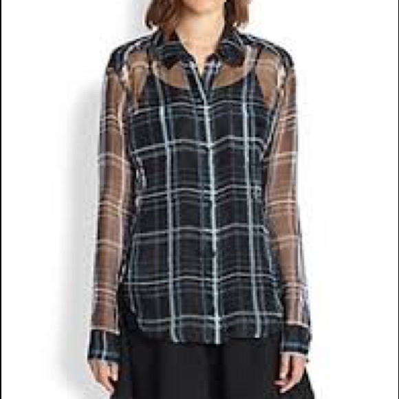 Elizabeth and James Sheer Silk / Chiffon Plaid Boyfriend Shirt - Picture 3 of 5